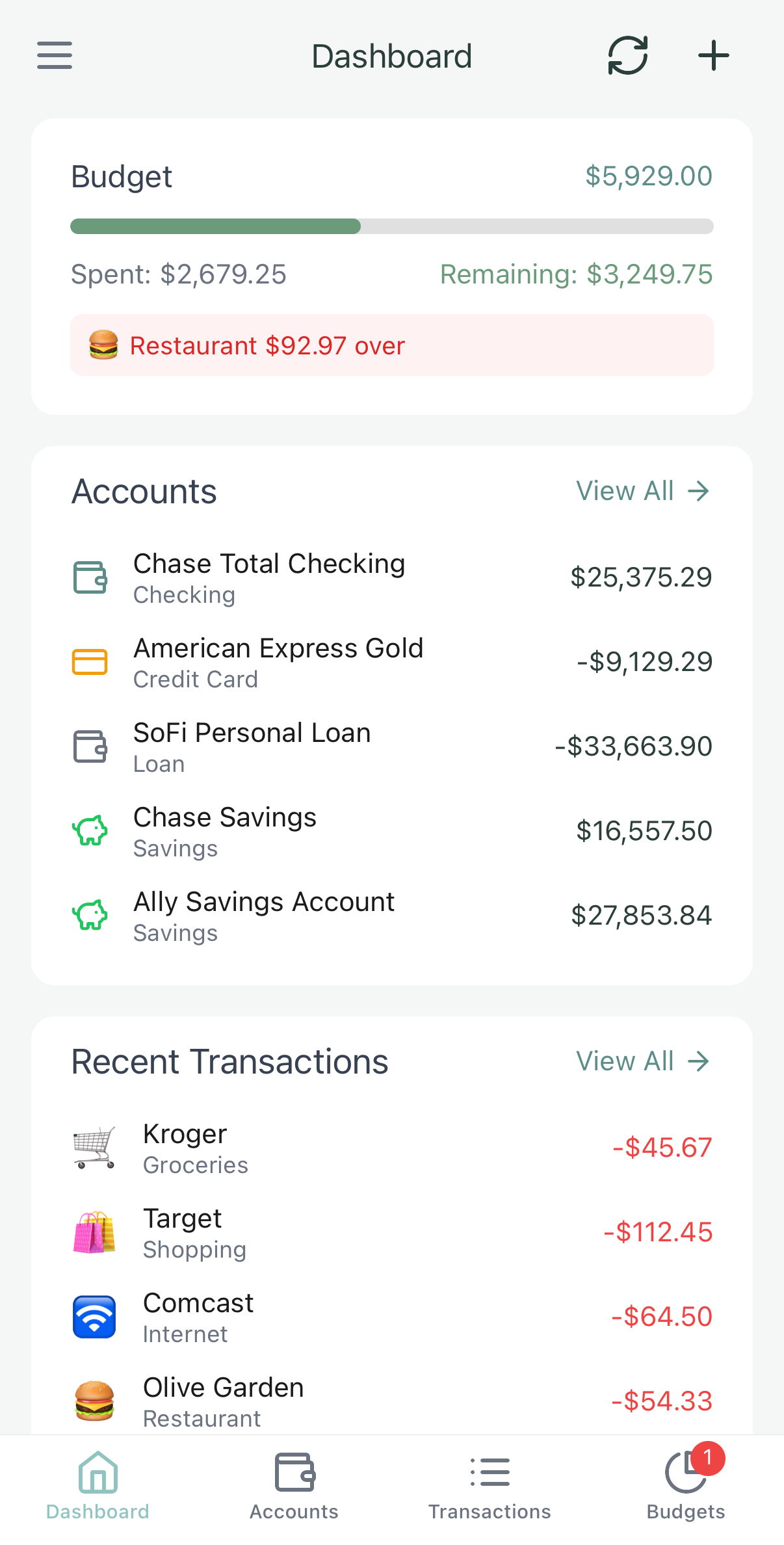 Basalt budget overview with category progress, account balances, and recent transaction list