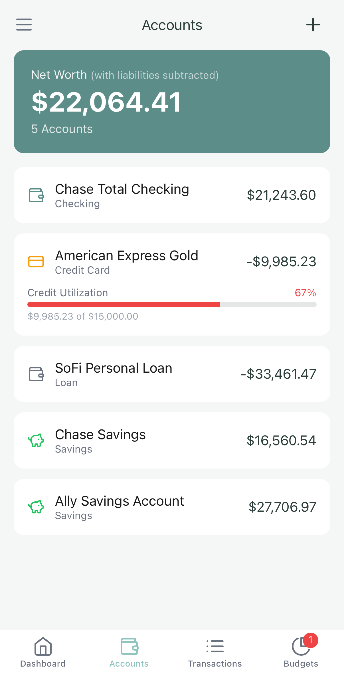 Basalt accounts screen showing net worth with checking, savings, credit card, and loan balances