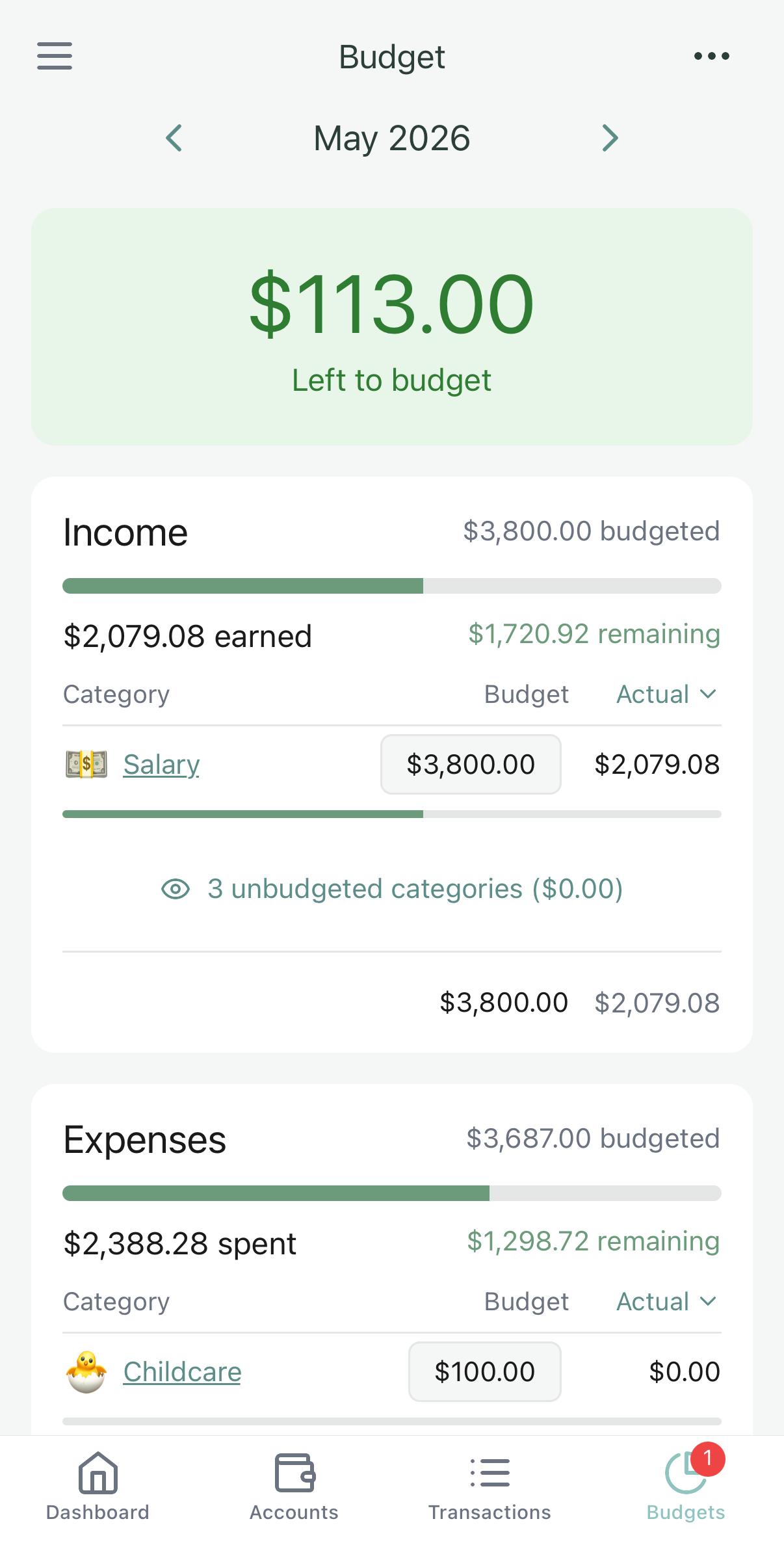 Basalt budget planning view for May showing income, expenses, and remaining funds to allocate